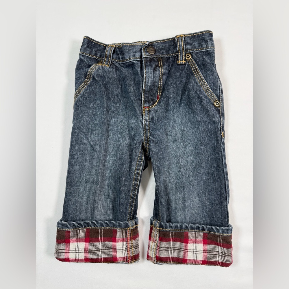 GYMBOREE Baby Boys' Plaid Cuff Dark Wash Denim Jeans Casual Rustic Size 12-18M‎
